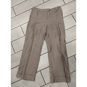Devernois Taupe Ramie Silk Blend Wide Leg Cuffed Trousers Pants Brown Sz 44